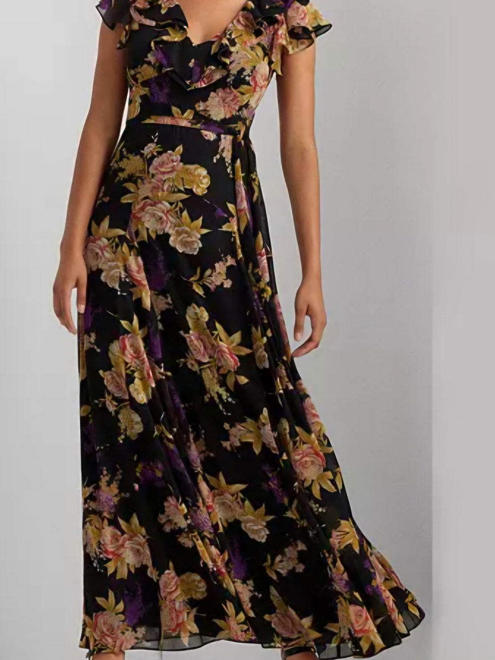 Dress Barn Floral Print Beaded Motif Ruffle Sleeve V-Neck Maxi Dress in Black